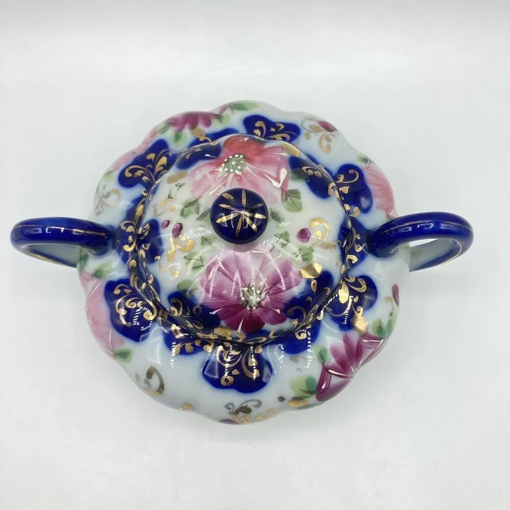 Antique Nippon Flow Blue Floral Creamer & Lidded Sugar Bowl Set Melon Gold Gilt